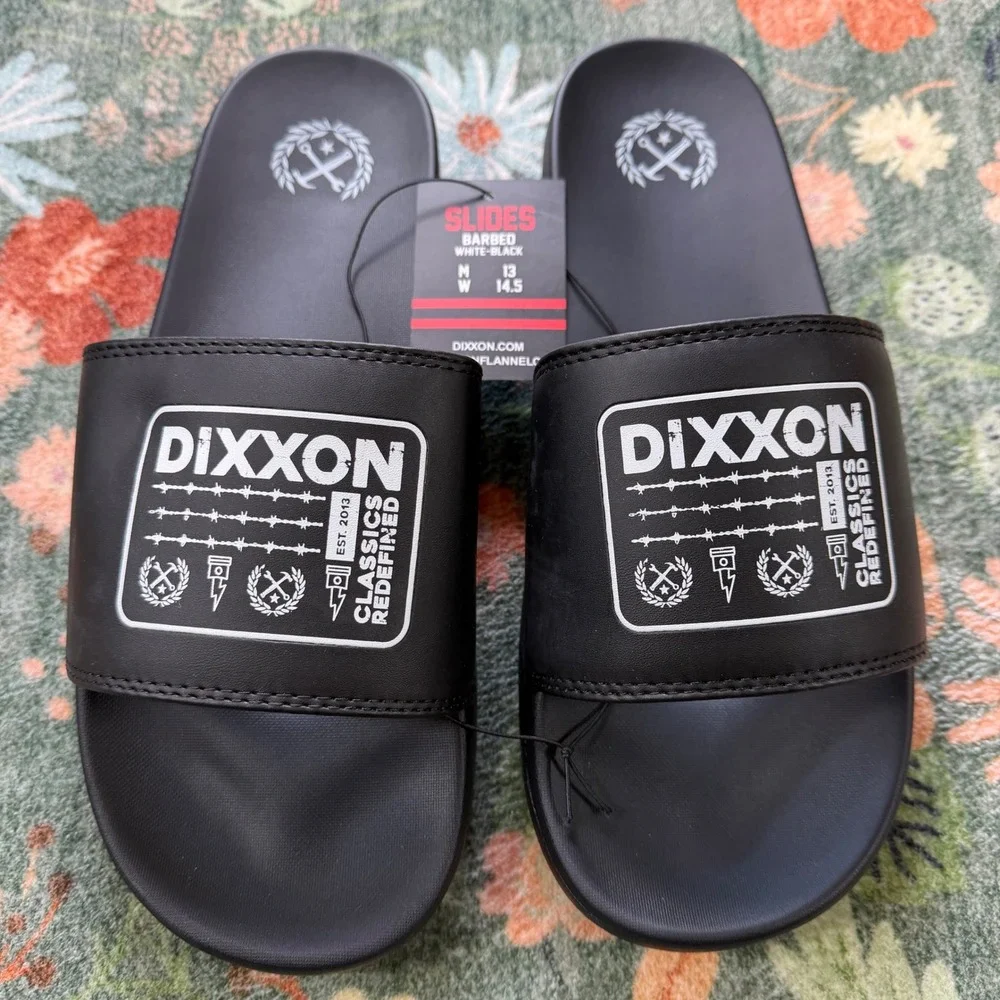 Dixxon Flannel Co Barbed Wire Slides Mens 13 Black White Athletic Sandals NEW